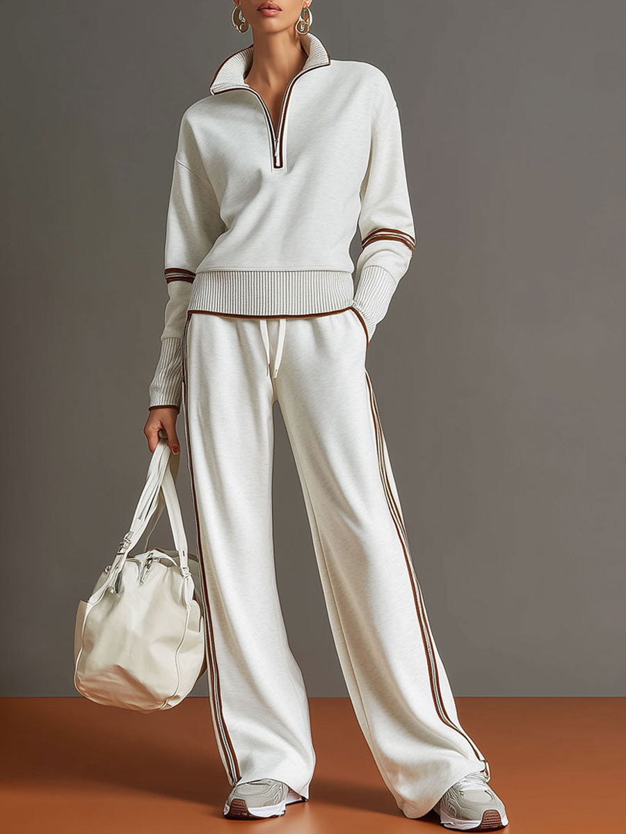 Retro Sporty Webbing Grey-white Half-zip Sweatshirt And Wide-leg Pants Set