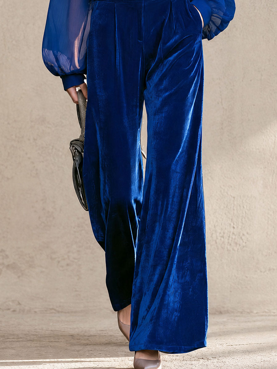 Retro-elegant Royal Blue Chiffon Blouse And Velvet Wide-leg Trousers Set