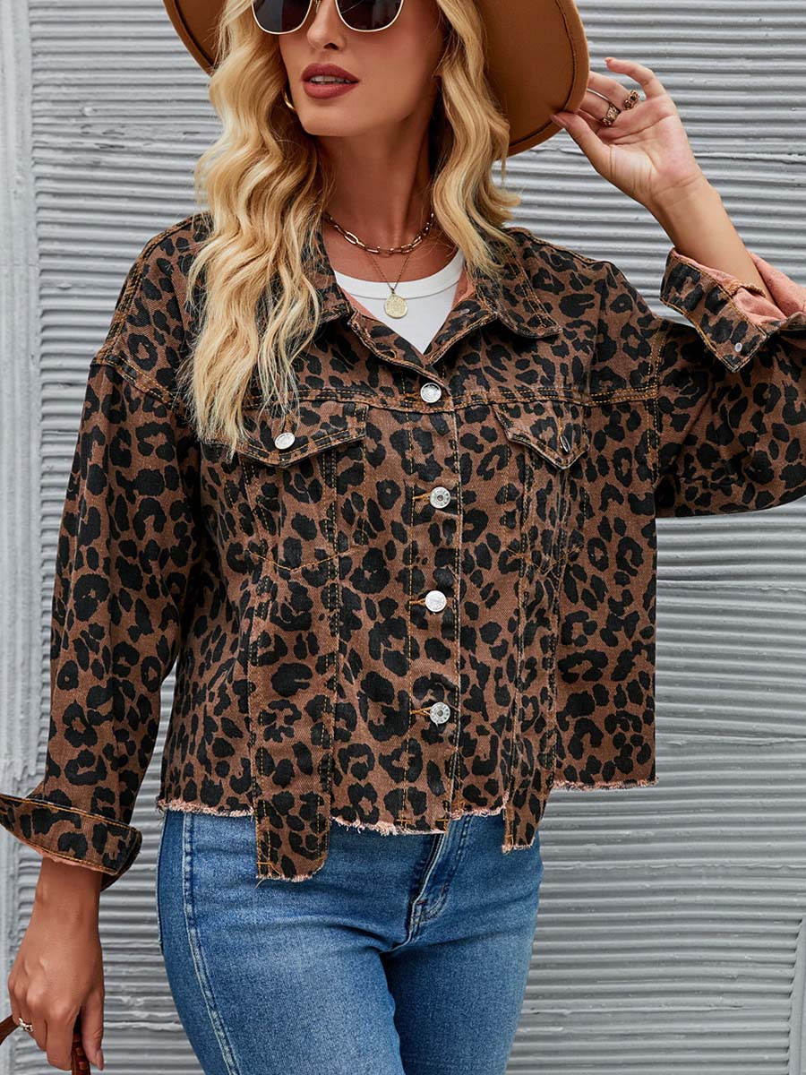 Retro Leopard Print Fashion Casual Denim Short Jacket