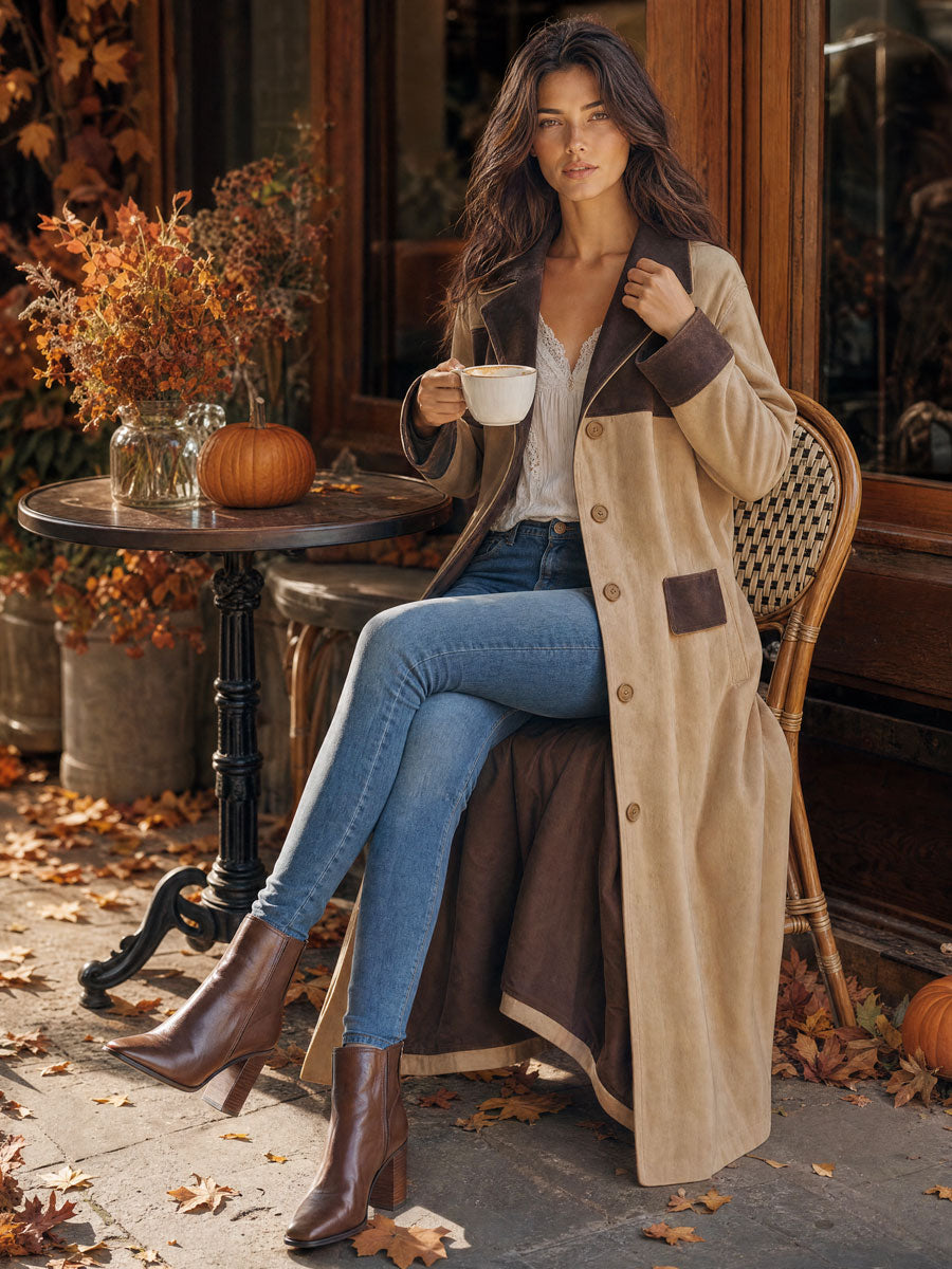 Stylish Retro Khaki Color-blocked Faux Suede Coat