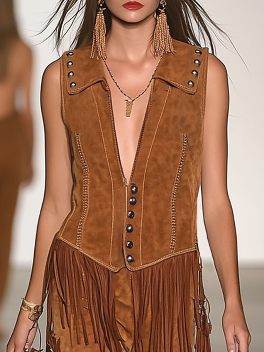 Casual Loose Vintage Caramel Suede Rivet Tassel Vest