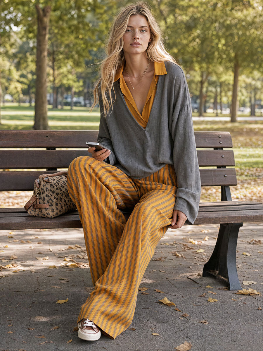 Casual Retro Color-blocked Faux Two-piece Grey Linen Shirt And Yellow Trousers Set