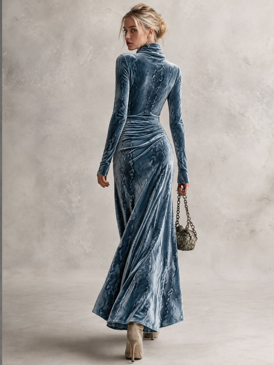 Retro Elegant Blue Snake-Print Turtleneck Ruched Velvet Maxi Dress