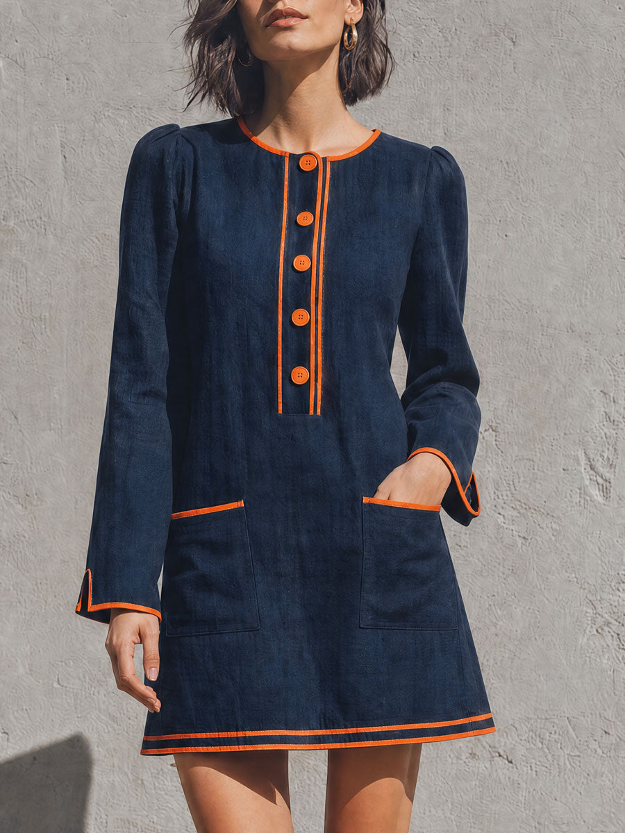Casual Retro Color-blocked Trimmed Blue Round Neck Cotton Linen Mini Dress