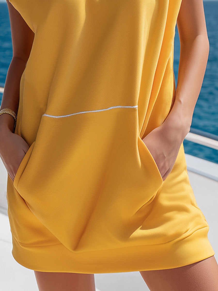 Color-blocked Trim Stand Collar Zip Closure Double Pockets Sleeveless Mini Dress