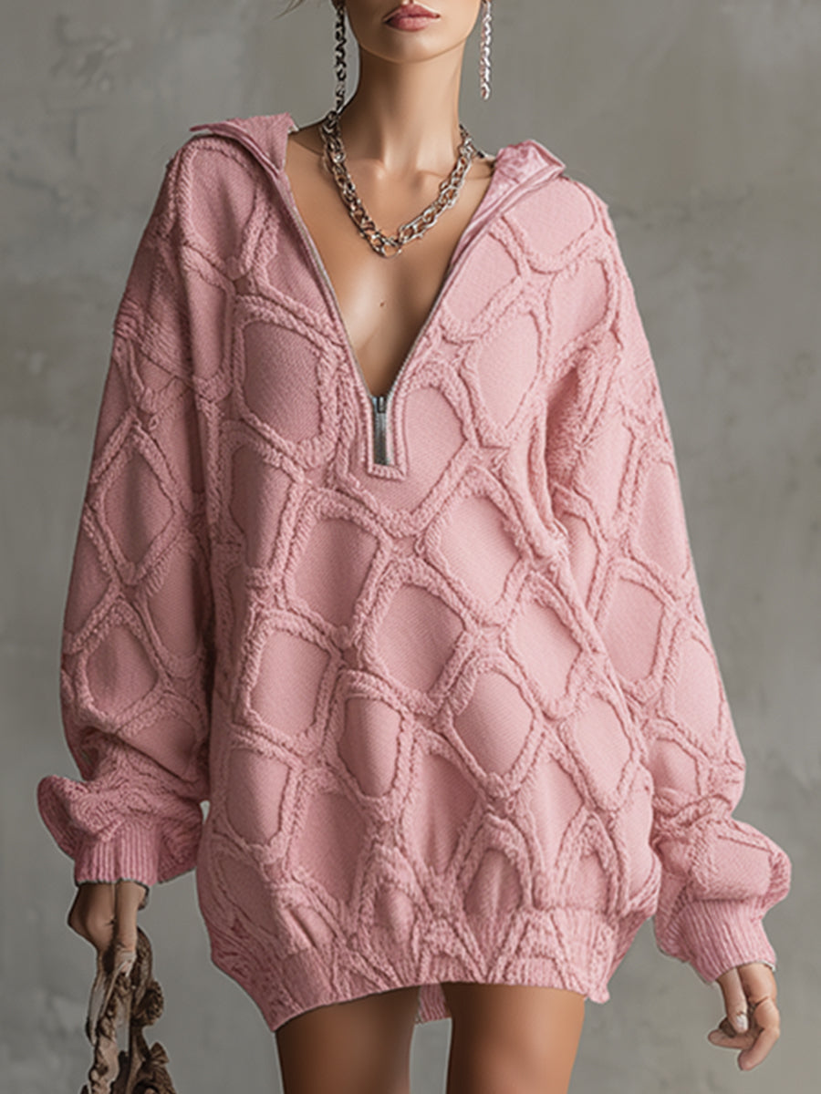 Trendy Loose-fitting Pink Denim Diamond-patterned Frayed Mini Dress