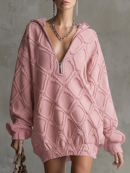 Trendy Loose-fitting Pink Denim Diamond-patterned Frayed Mini Dress