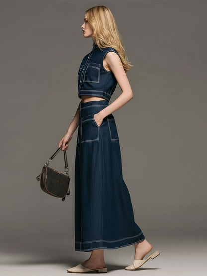Fashionable Retro Blue Washed Denim Sleeveless Top And Skirt Set