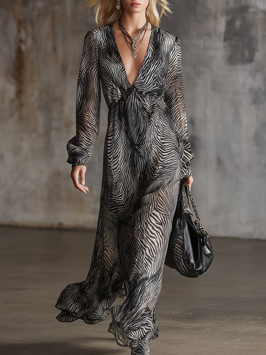 Elegant And Classic Zebra Print Chiffon V-neck Maxi Dress