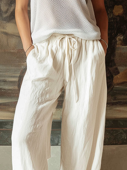 Loose Double-pocket Drawstring Cotton And Linen Pants