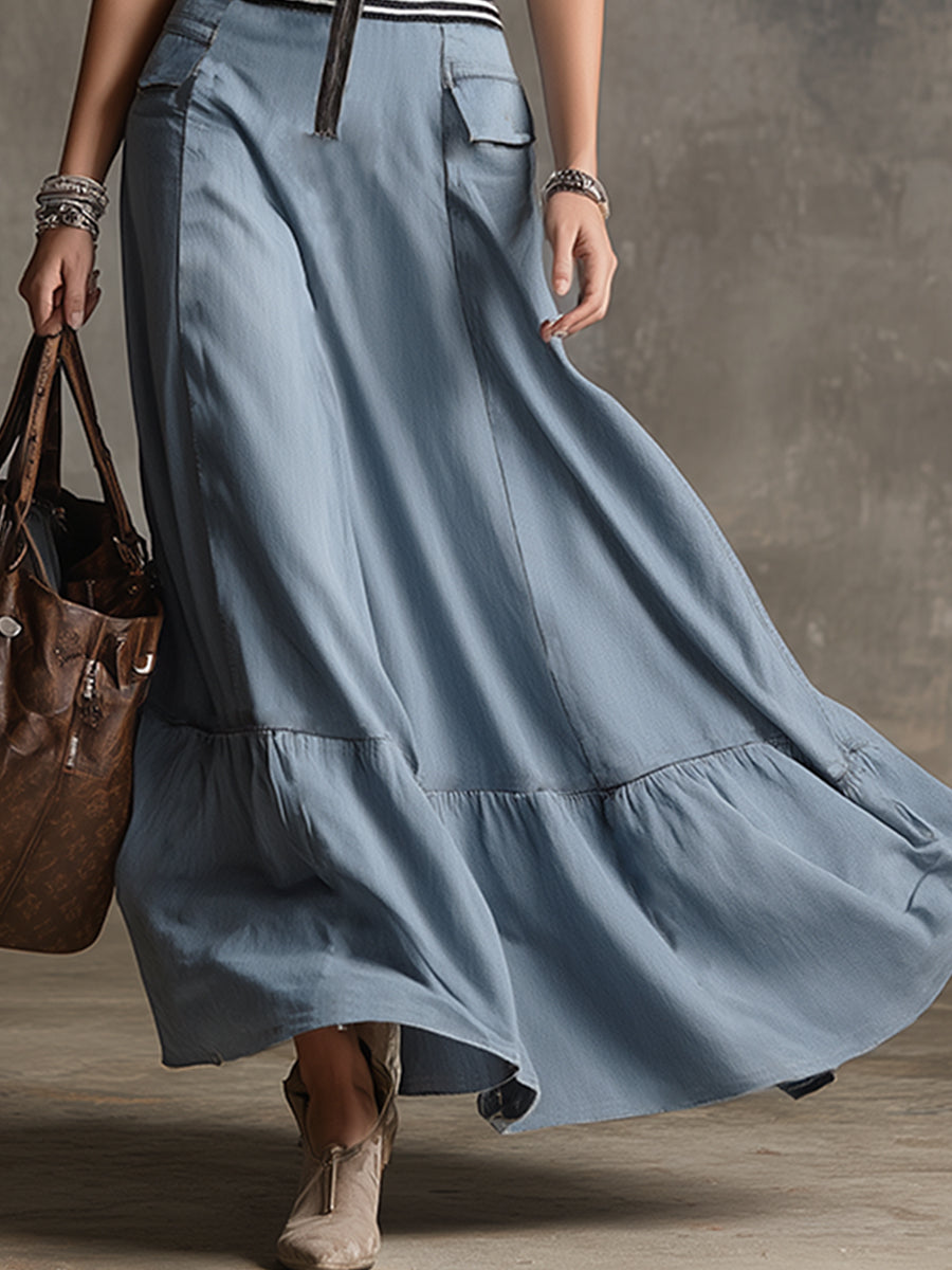 Vintage And Elegant Striped-trim Light Blue Tencel Denim Sleeveless Maxi&