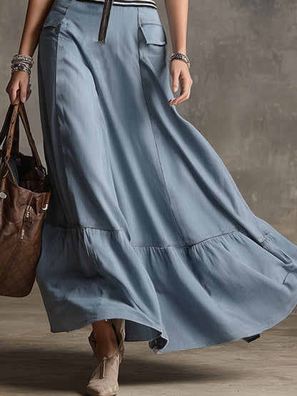 Vintage And Elegant Striped-trim Light Blue Tencel Denim Sleeveless Maxi&