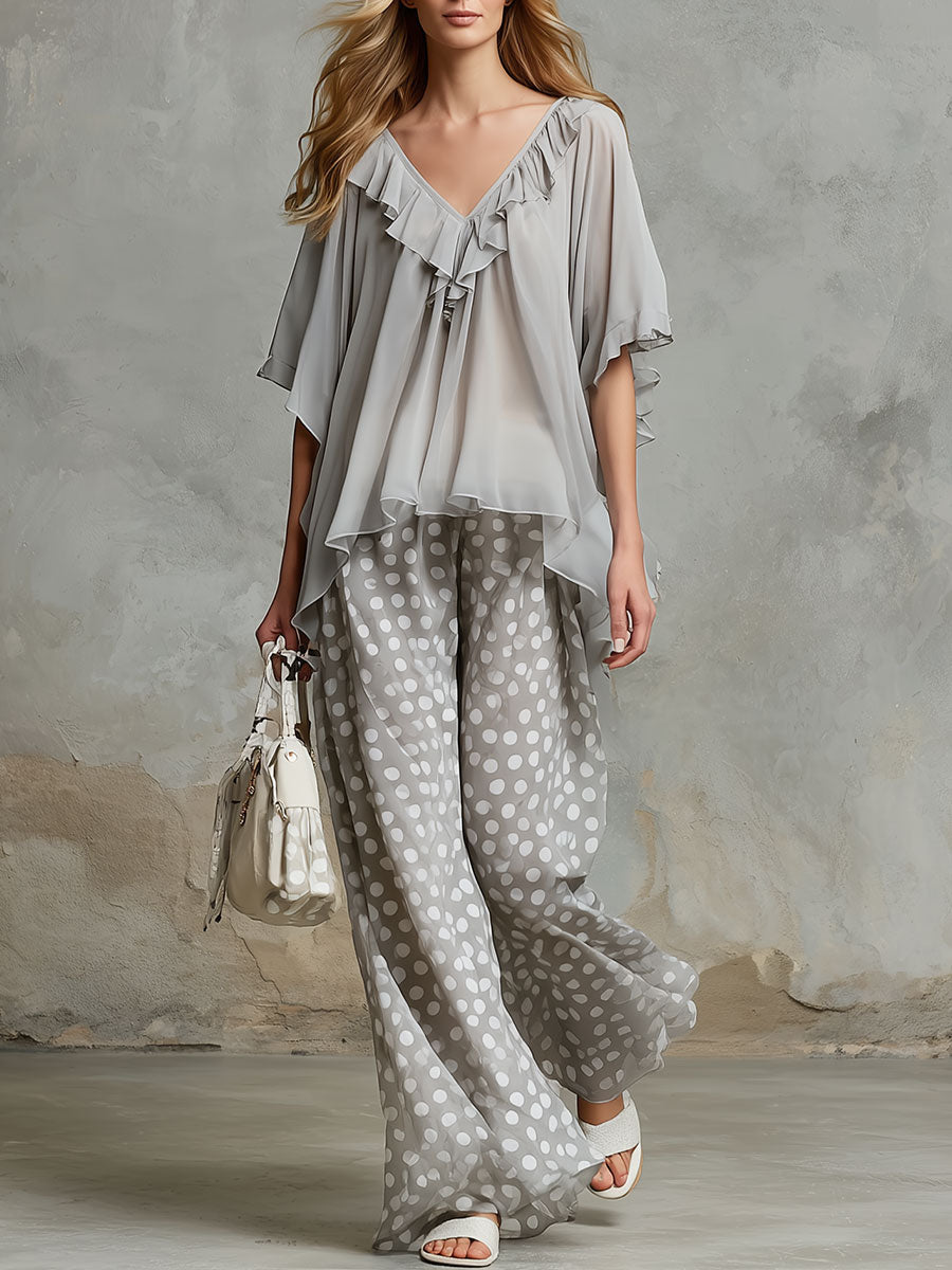 Retro Gray Ruffled Short-sleeved Chiffon Blouse And Polka Dot Trousers Set