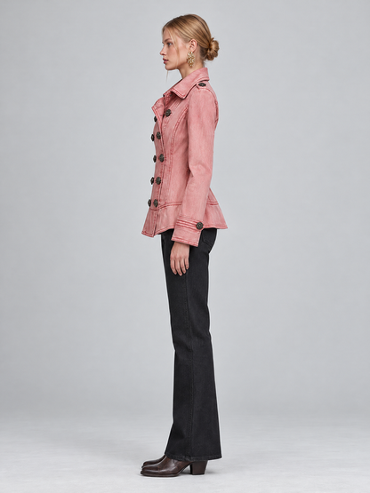 Vintage Military Double Breasted Pink Washed Peplum Fitted Denim Jacket