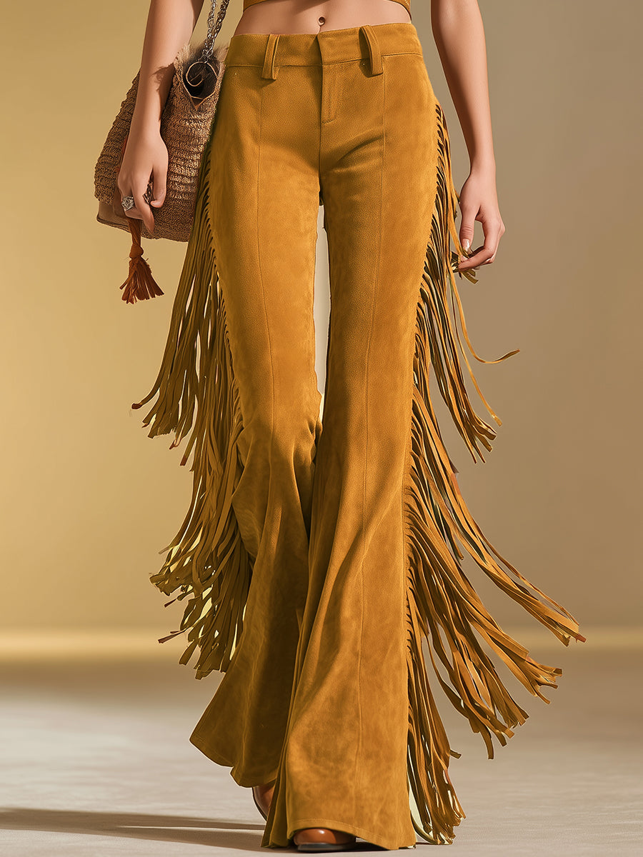 Retro-style Fringed Faux Suede Flared Pants