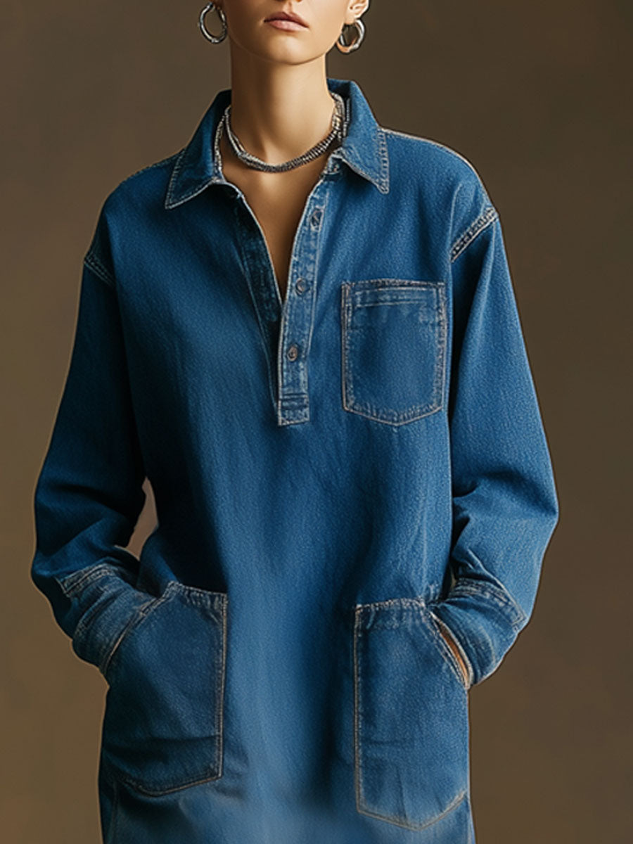 Casual Retro Frayed Slit Dark Blue Denim Long-sleeved Midi Dress