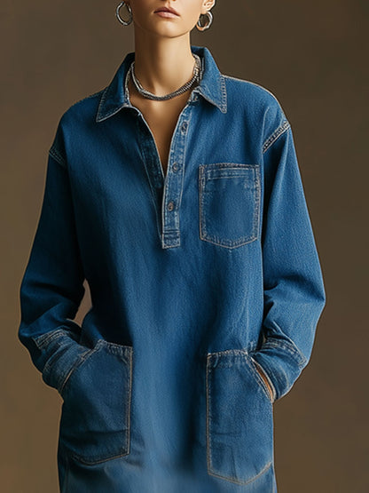 Casual Retro Frayed Slit Dark Blue Denim Long-sleeved Midi Dress