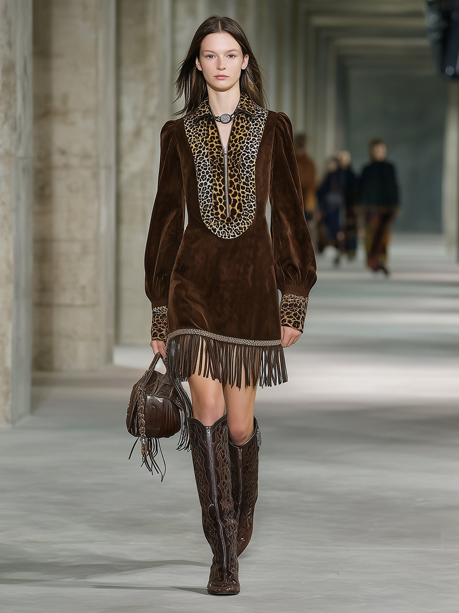 Western Brown Faux Suede Patchwork Leopard Print Zipper Tassel Mini Dress