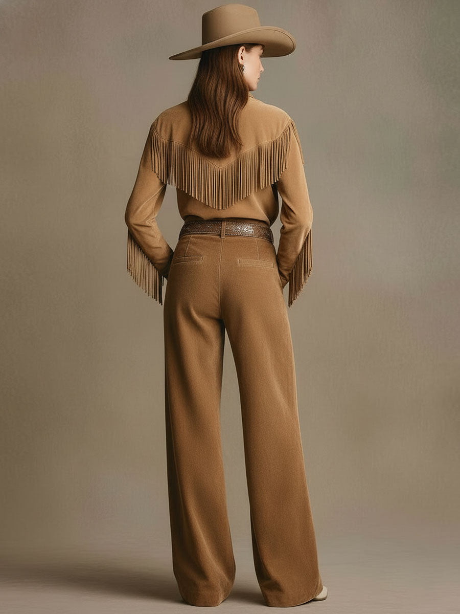 Western-style Retro Embroidered Tassel Camel Faux Suede Long-sleeved Shirt