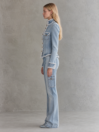 Chic Corset Fitted Frayed Trim V-Neck Light Wash Button Front Denim Jacket