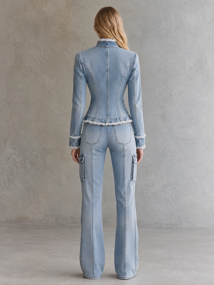 Chic Corset Fitted Frayed Trim V-Neck Light Wash Button Front Denim Jacket