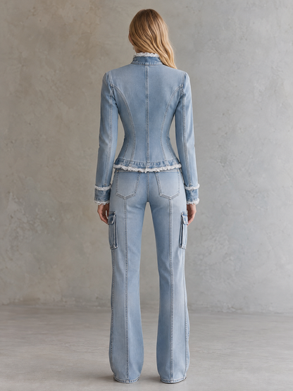 Chic Corset Fitted Frayed Trim V-Neck Light Wash Button Front Denim Jacket