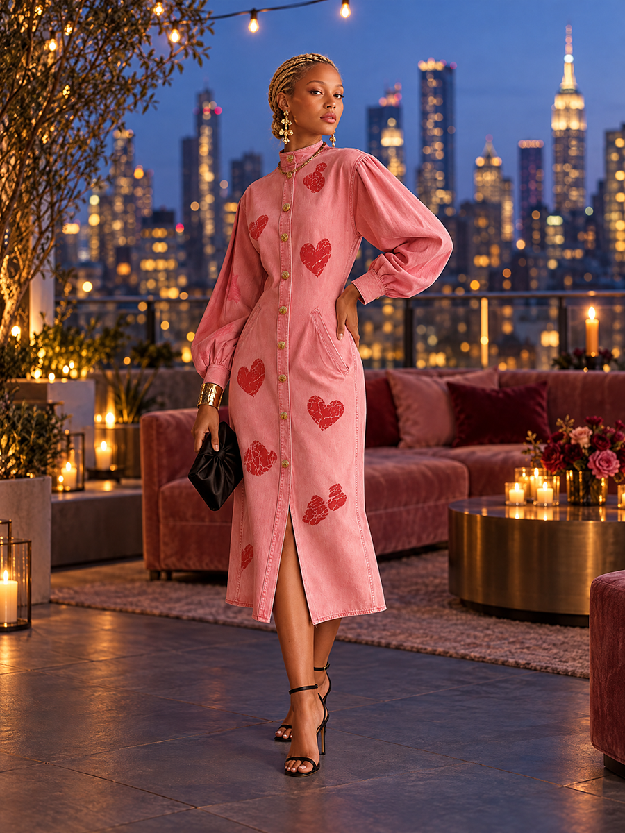 Romantic Western Pink Heart Print Puff Sleeve Button Front Denim Midi Dress