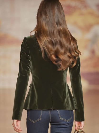 Elegant Retro Gold-buttoned Dark Green Velvet Blazer