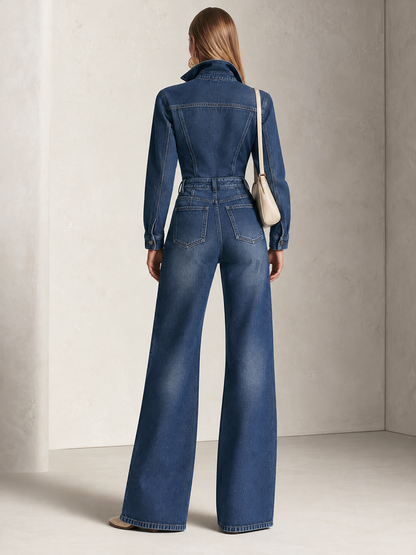 Retro Western Zip Pocket Collared Long Sleeve Wide Leg Denim Jumpsuit