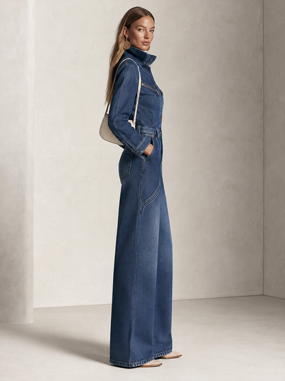 Retro Western Zip Pocket Collared Long Sleeve Wide Leg Denim Jumpsuit