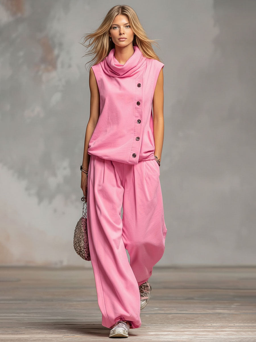 High-neck Single-breasted Sleeveless Top And Trousers Set