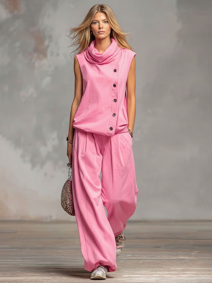 High-neck Single-breasted Sleeveless Top And Trousers Set