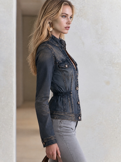 Vintage Grunge Dark Wash Stand Collar Cinched Waist Fitted Denim Jacket