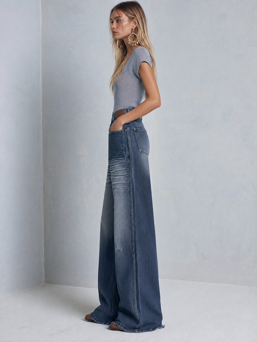 Vintage Western Studded Pocket Whiskered Wash Wide Leg Jeans