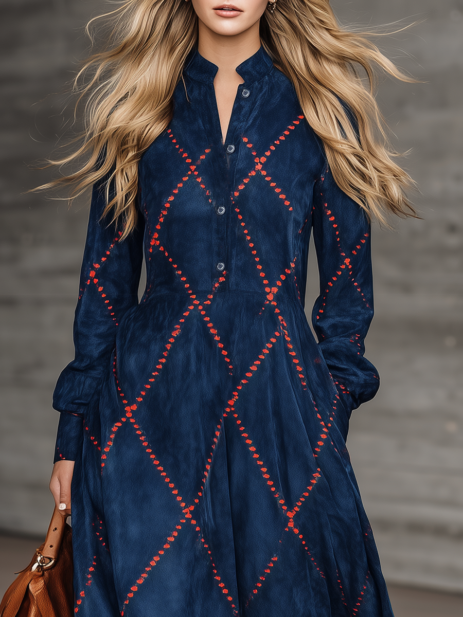Loose-fitting Western-style Red Diamond-patterned Print Navy Blue Faux Suede Maxi Dress