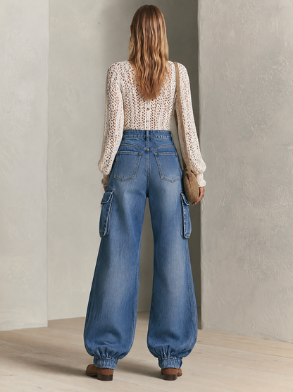Relaxed Utility High Waist Cargo Pocket Elastic Cuff Balloon Jeans