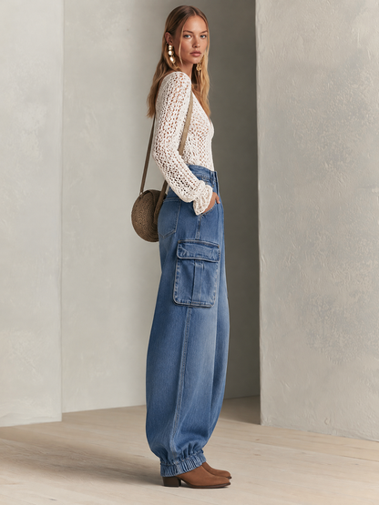 Relaxed Utility High Waist Cargo Pocket Elastic Cuff Balloon Jeans