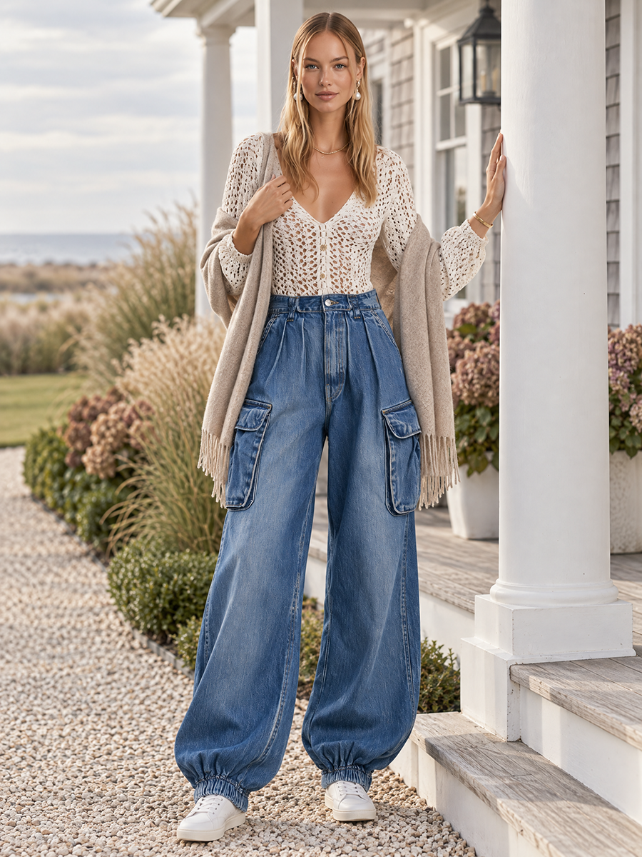 Relaxed Utility High Waist Cargo Pocket Elastic Cuff Balloon Jeans