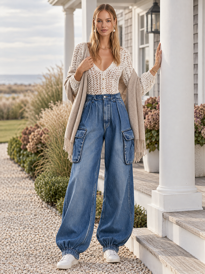 Relaxed Utility High Waist Cargo Pocket Elastic Cuff Balloon Jeans