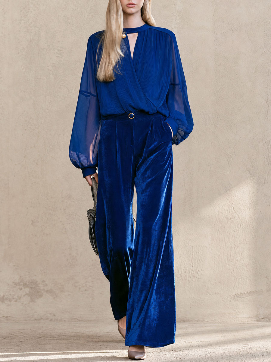 Retro-elegant Royal Blue Chiffon Blouse And Velvet Wide-leg Trousers Set