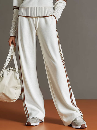 Retro Sporty Webbing Grey-white Half-zip Sweatshirt And Wide-leg Pants Set