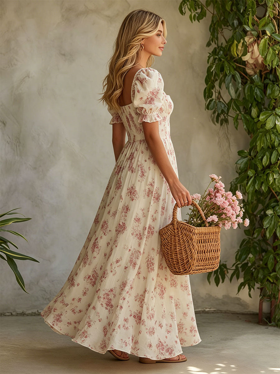 Retro Elegant Pink Floral Off-white Short-sleeved Square Neck Chiffon Maxi Dress