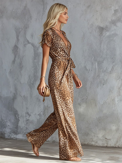 Retro Brown Leopard Print Short-sleeved V-neck Tie-waist Chiffon Jumpsuit