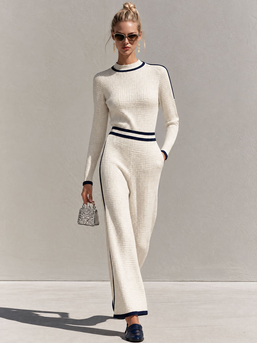 Retro Casual Color-blocked White Knit Top And Pants Set