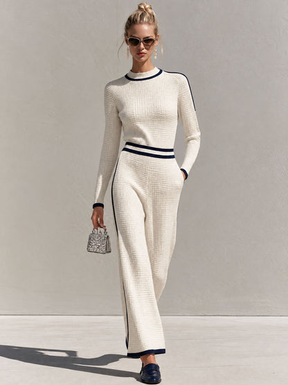 Retro Casual Color-blocked White Knit Top And Pants Set