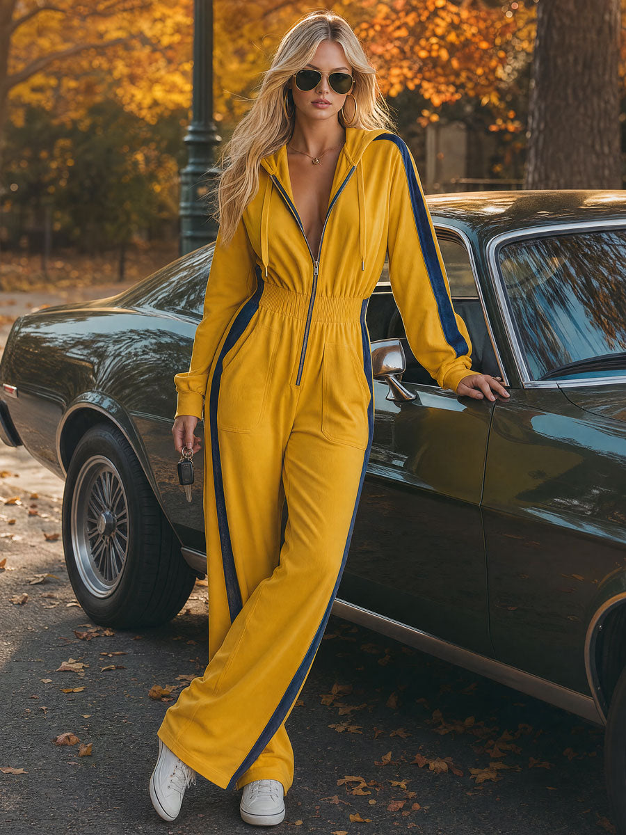 Casual Retro Blue Trim Yellow Hooded Cotton Jumpsuit
