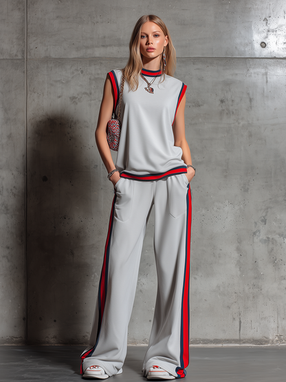 Retro Sporty Style Sleeveless T-shirt With Contrasting Trim And Wide-leg Pants Set