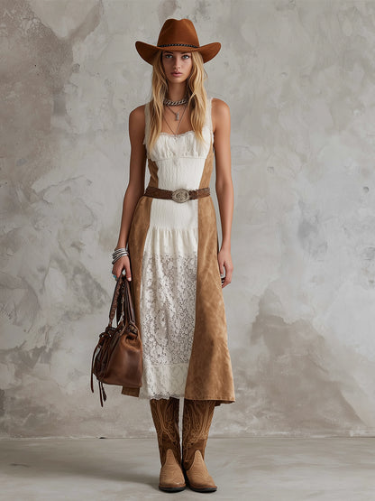 Vintage Western-style White Lace Patchwork Camel Faux Suede Wide-strap Midi Dress