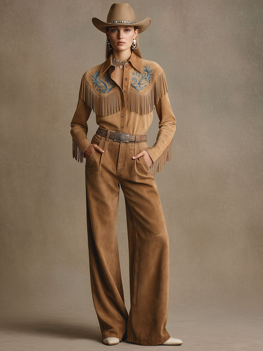 Western-style Retro Embroidered Tassel Camel Faux Suede Long-sleeved Shirt