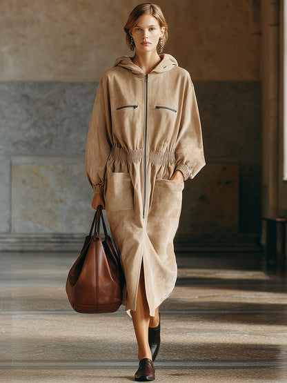 Casual And Stylish Multiple Pockets And Zippe Beige Hooded Midi Dress